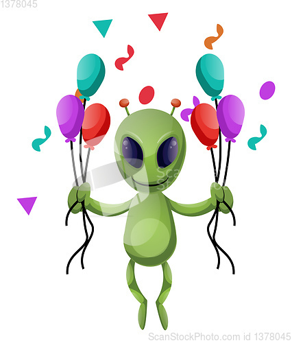 Image of Alien with balloons, illustration, vector on white background.
