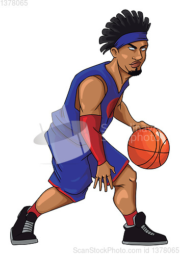 Image of Basketball player in purple jersey dribbling, illustration, vect