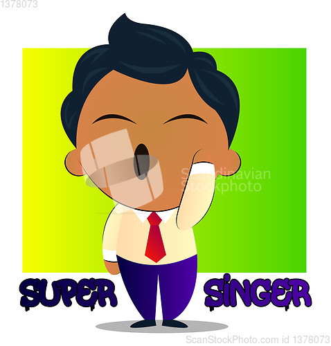 Image of Boy in a suit with black curly hair is super singer, illustratio