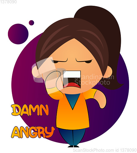 Image of Angry girl with brown ponytail, illustration, vector on white ba
