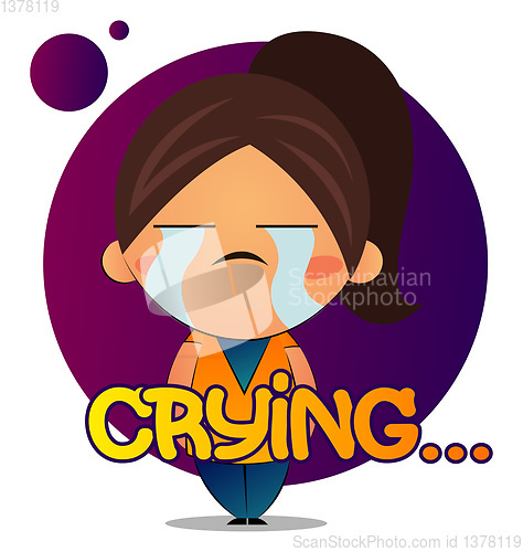 Image of Girl with brown ponytail is crying, illustration, vector on whit