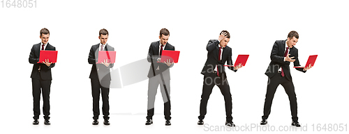 Image of Handsome businessman with notebook posing isolated over white studio background. Collage