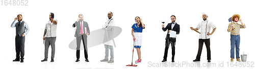 Image of Group of people with different professions isolated on white studio background, horizontal