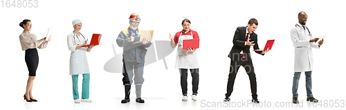 Image of Group of people with different professions working isolated on white studio background, horizontal