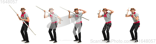Image of Handsome man gondolier with oar posing isolated over white studio background. Collage