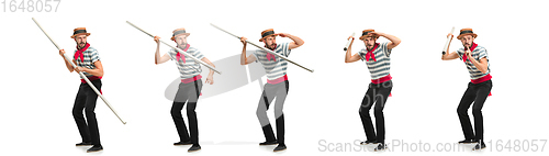 Image of Handsome man gondolier with oar posing isolated over white studio background. Collage
