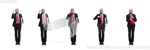 Image of Handsome businessman with red folder looking at camera isolated over white studio background. Collage
