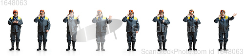 Image of Senior man miner in coveralls isolated over white studio background. Collage