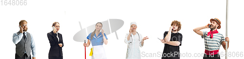 Image of Half-length collage. Group of people with different professions isolated on white studio background.