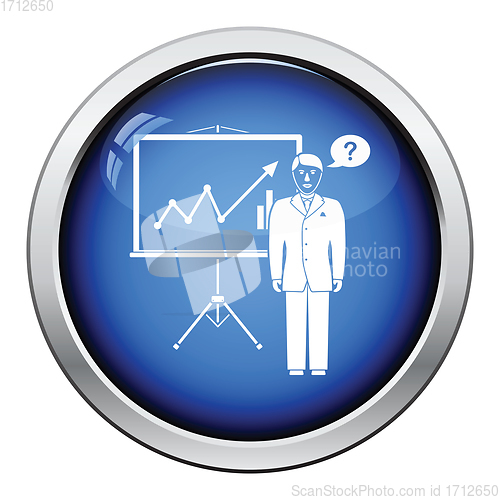 Image of Clerk near analytics stand icon