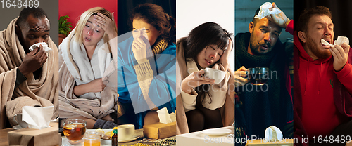 Image of Young people wrapped in a plaid looks sick, ill, sneezing and coughing sitting at home indoors