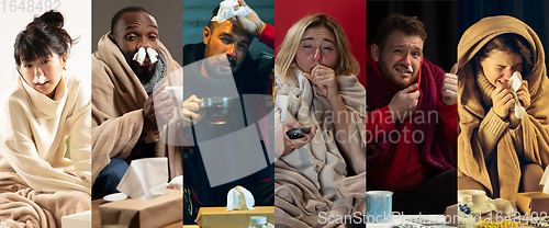 Image of Young people wrapped in a plaid looks sick, ill, sneezing and coughing sitting at home indoors