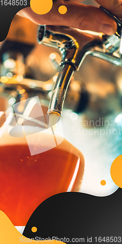 Image of Hand of bartender pouring a large beer in tap. Vertical banner, flyer for ad.