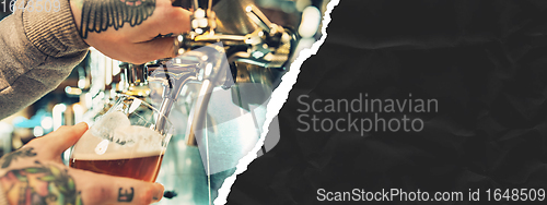 Image of Hand of bartender pouring a large beer in tap. Horizontal banner, flyer for ad.