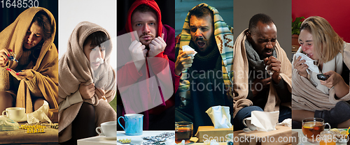 Image of Young people wrapped in a plaid looks sick, ill, sneezing and coughing sitting at home indoors