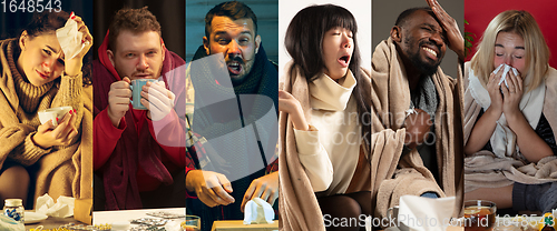 Image of Young people wrapped in a plaid looks sick, ill, sneezing and coughing sitting at home indoors