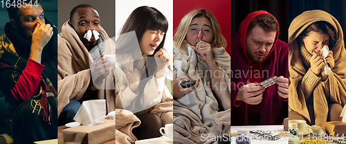 Image of Young people wrapped in a plaid looks sick, ill, sneezing and coughing sitting at home indoors