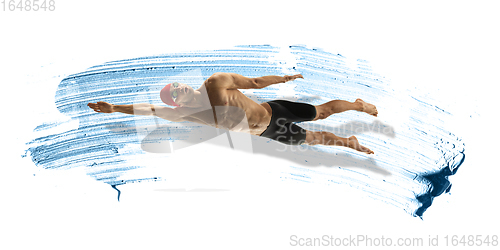 Image of Professional caucasian swimmer moving in paint brushstroke, watercolor. Grace of motion and action. Artwork.