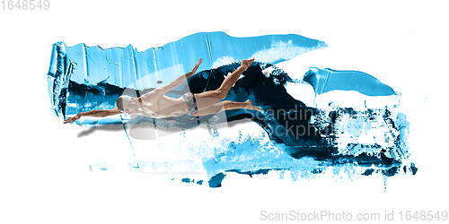 Image of Professional caucasian swimmer moving in paint brushstroke, watercolor. Grace of motion and action. Artwork.