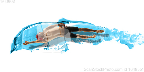 Image of Professional caucasian swimmer moving in paint brushstroke, watercolor. Grace of motion and action. Artwork.