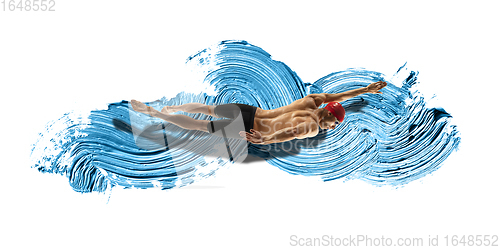 Image of Professional caucasian swimmer moving in paint brushstroke, watercolor. Grace of motion and action. Artwork.