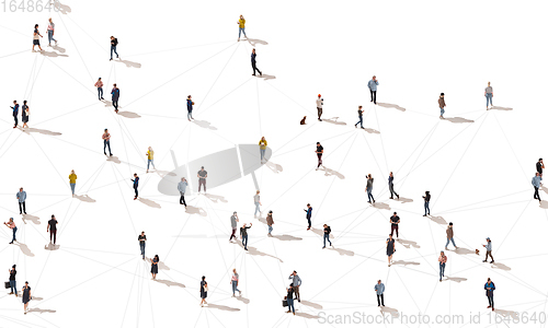 Image of Aerial view of crowd people connected by lines, social media and communication concept