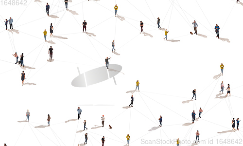 Image of Aerial view of crowd people connected by lines, social media and communication concept