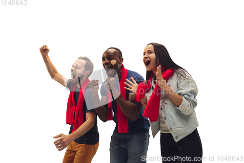 Image of Multiethnic soccer fans cheering for favourite sport team with bright emotions isolated on white studio background