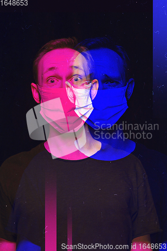 Image of Close up portrait of caucasian man wearing face mask background. Modern and trendy duotone effect, double exposure