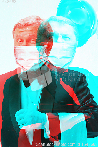 Image of Close up of caucasian waiter wearing face mask background. Modern and trendy duotone effect, double exposure