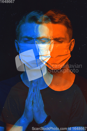 Image of Close up portrait of caucasian man wearing face mask background. Modern and trendy duotone effect, double exposure