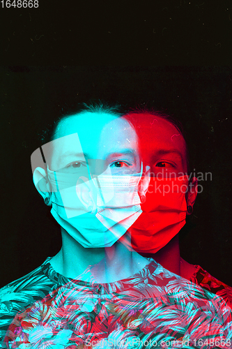 Image of Close up portrait of caucasian man wearing face mask background. Modern and trendy duotone effect, double exposure