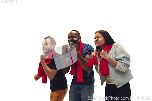 Image of Multiethnic soccer fans cheering for favourite sport team with bright emotions isolated on white studio background