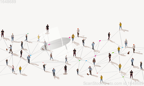 Image of Aerial view of crowd people connected by lines, social media and communication concept