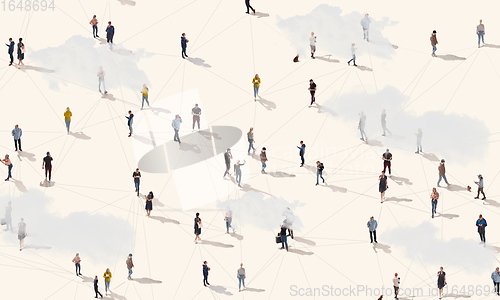 Image of Aerial view of crowd people connected by lines, social media and communication concept