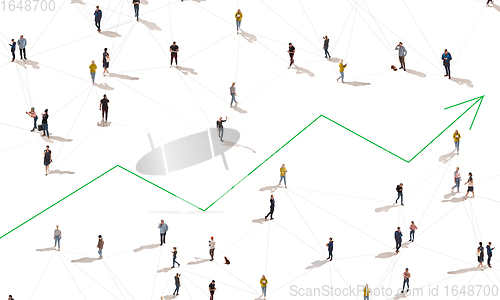 Image of Aerial view of crowd people connected by lines, social media and communication concept