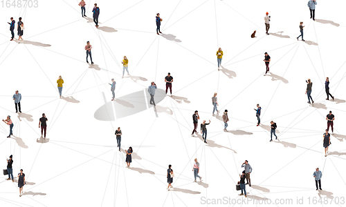 Image of Aerial view of crowd people connected by lines, social media and communication concept