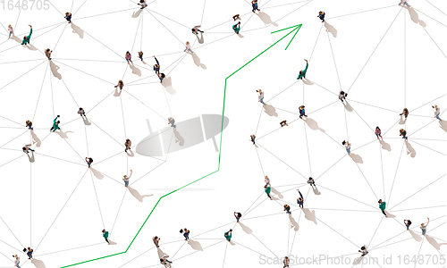 Image of Aerial view of crowd people connected by lines, social media and communication concept