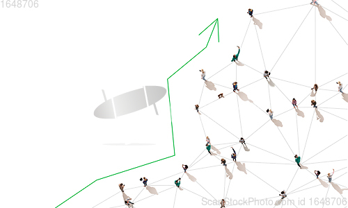 Image of Aerial view of crowd people connected by lines, social media and communication concept