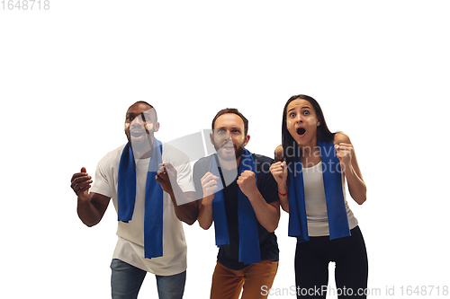 Image of Multiethnic soccer fans cheering for favourite sport team with bright emotions isolated on white studio background