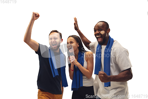 Image of Multiethnic soccer fans cheering for favourite sport team with bright emotions isolated on white studio background