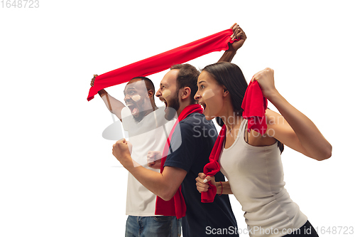 Image of Multiethnic soccer fans cheering for favourite sport team with bright emotions isolated on white studio background