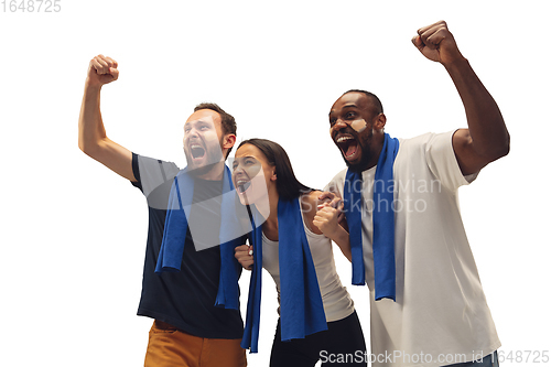 Image of Multiethnic soccer fans cheering for favourite sport team with bright emotions isolated on white studio background