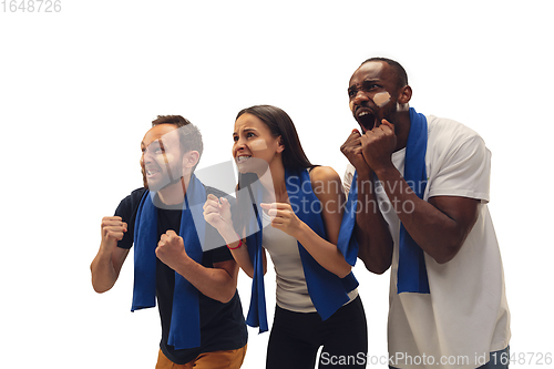 Image of Multiethnic soccer fans cheering for favourite sport team with bright emotions isolated on white studio background