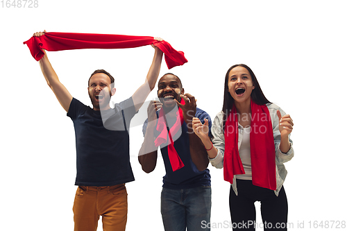 Image of Multiethnic soccer fans cheering for favourite sport team with bright emotions isolated on white studio background