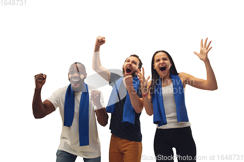 Image of Multiethnic soccer fans cheering for favourite sport team with bright emotions isolated on white studio background