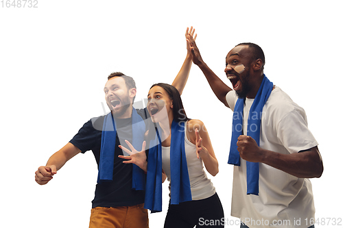 Image of Multiethnic soccer fans cheering for favourite sport team with bright emotions isolated on white studio background