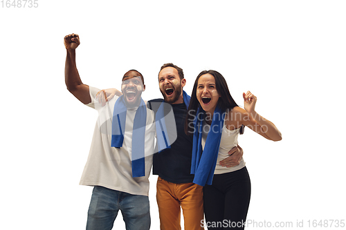 Image of Multiethnic soccer fans cheering for favourite sport team with bright emotions isolated on white studio background