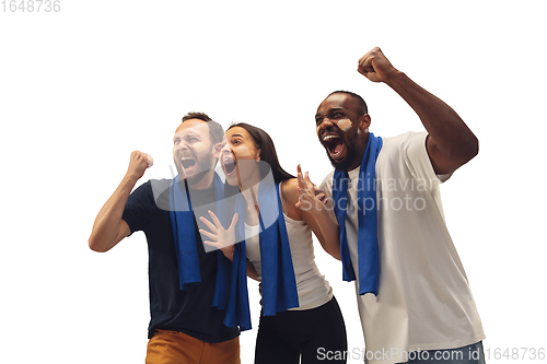 Image of Multiethnic soccer fans cheering for favourite sport team with bright emotions isolated on white studio background