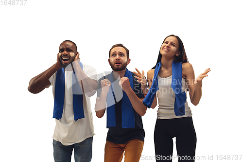 Image of Multiethnic soccer fans cheering for favourite sport team with bright emotions isolated on white studio background